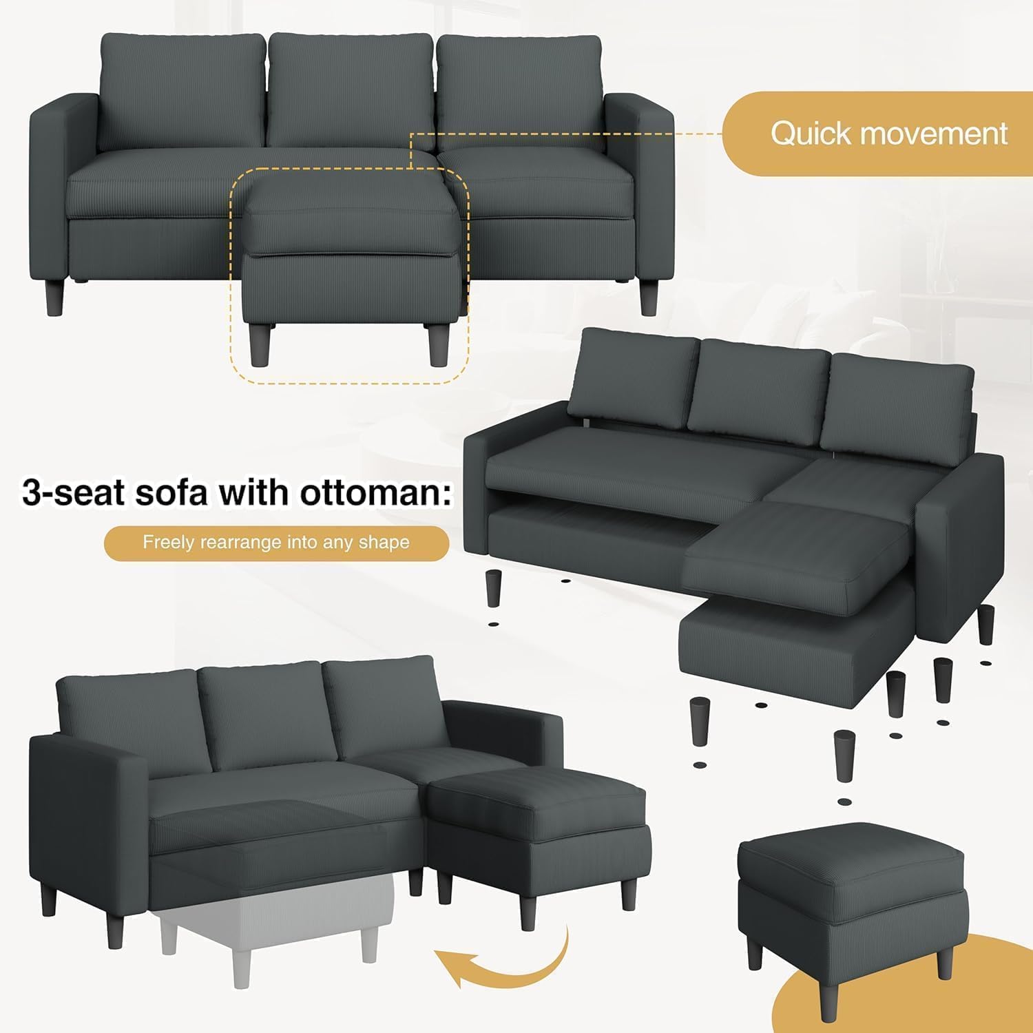 Grey Ribbed L-Shaped Sectional Sofa