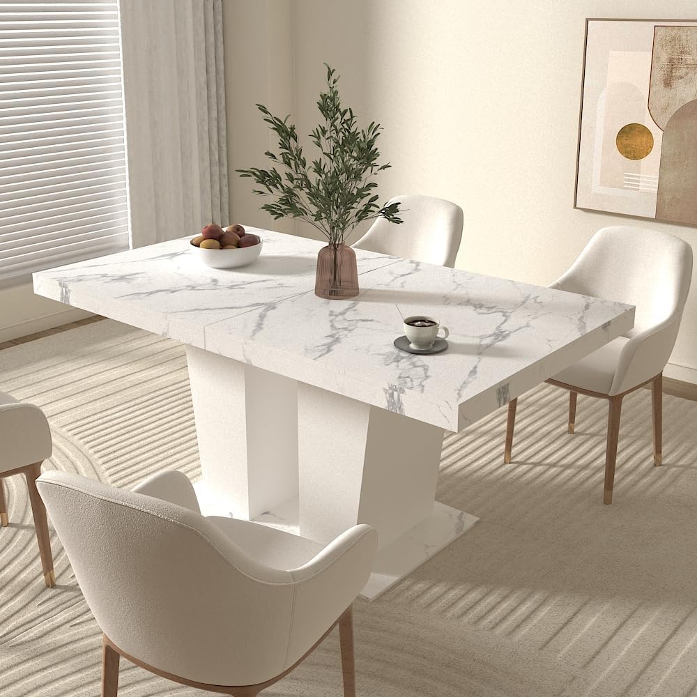 White Extendable Faux Marble Dining Table