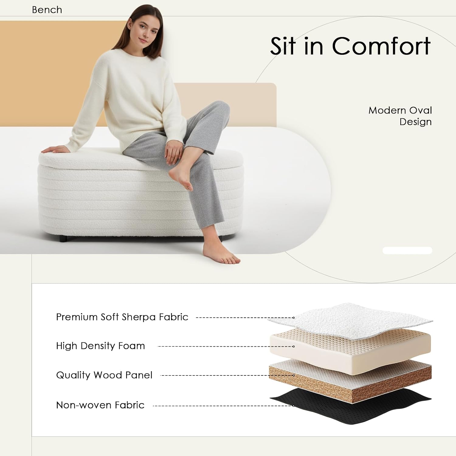White Teddy Storage Ottoman Bench 45.5"