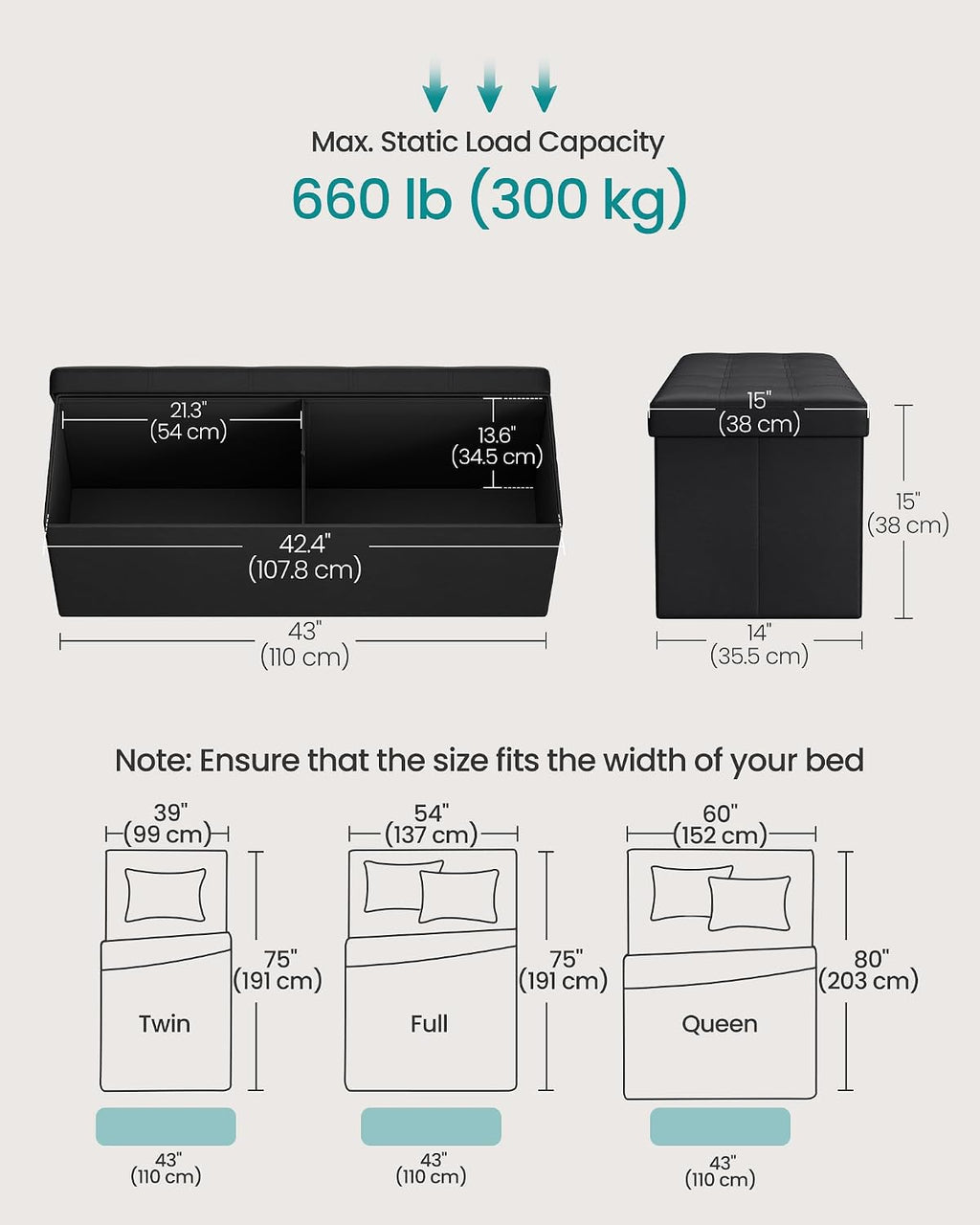 Black Folding Storage Ottoman Bench 43"