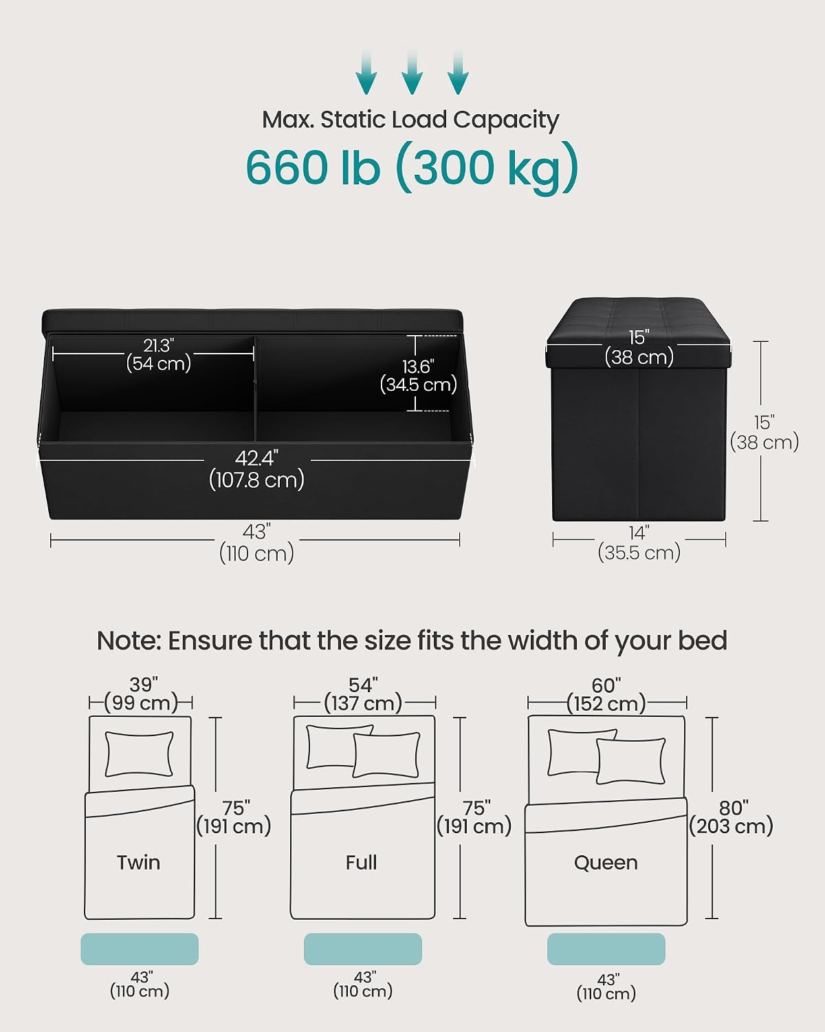 Black Folding Storage Ottoman Bench 43"