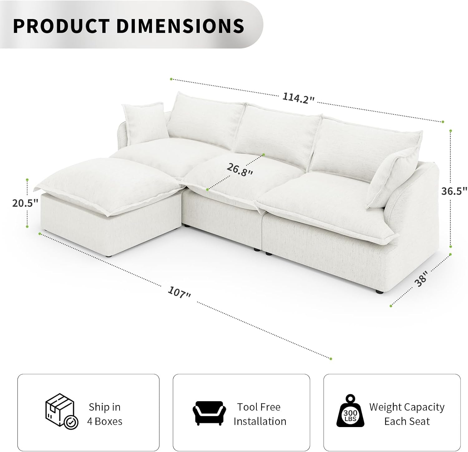 Cream White L-Shaped Cloud Sectional Sofa