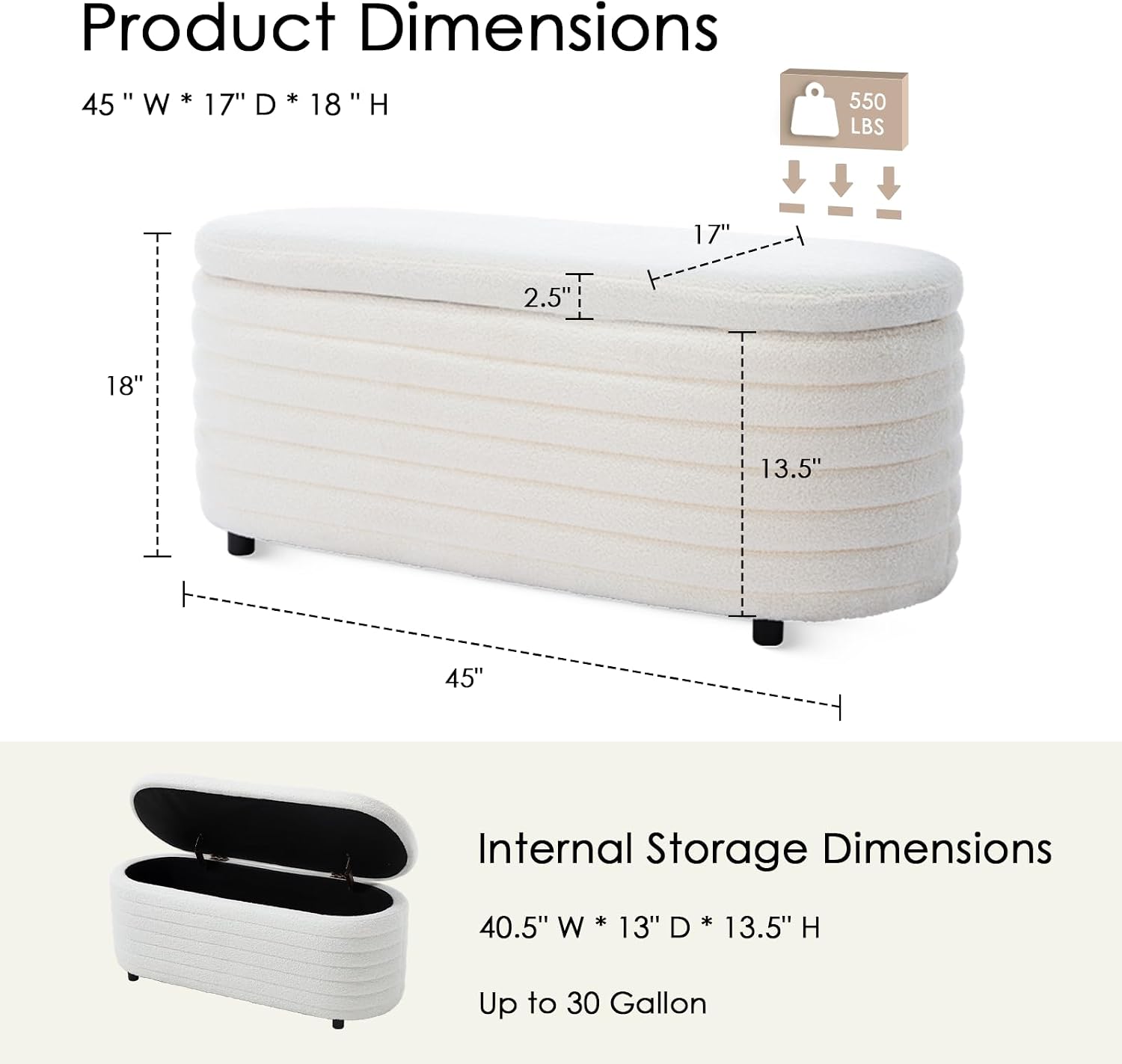 White Teddy Storage Ottoman Bench 45.5"