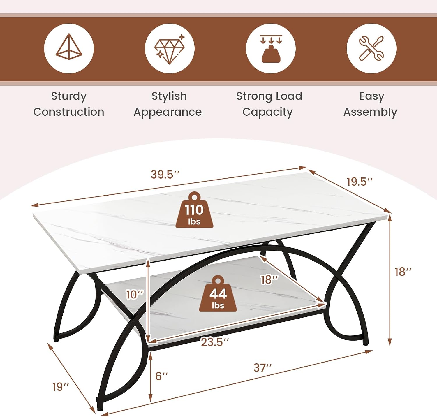 White Faux Marble 2-Tier Coffee Table