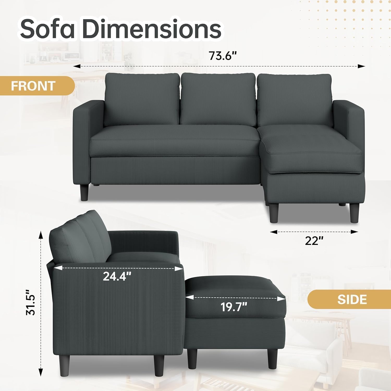 Grey Ribbed L-Shaped Sectional Sofa