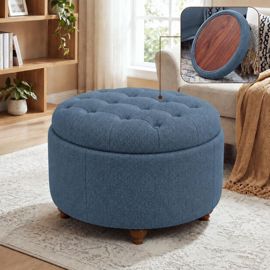Blue Round Fabric Storage Ottoman With Tray Lid