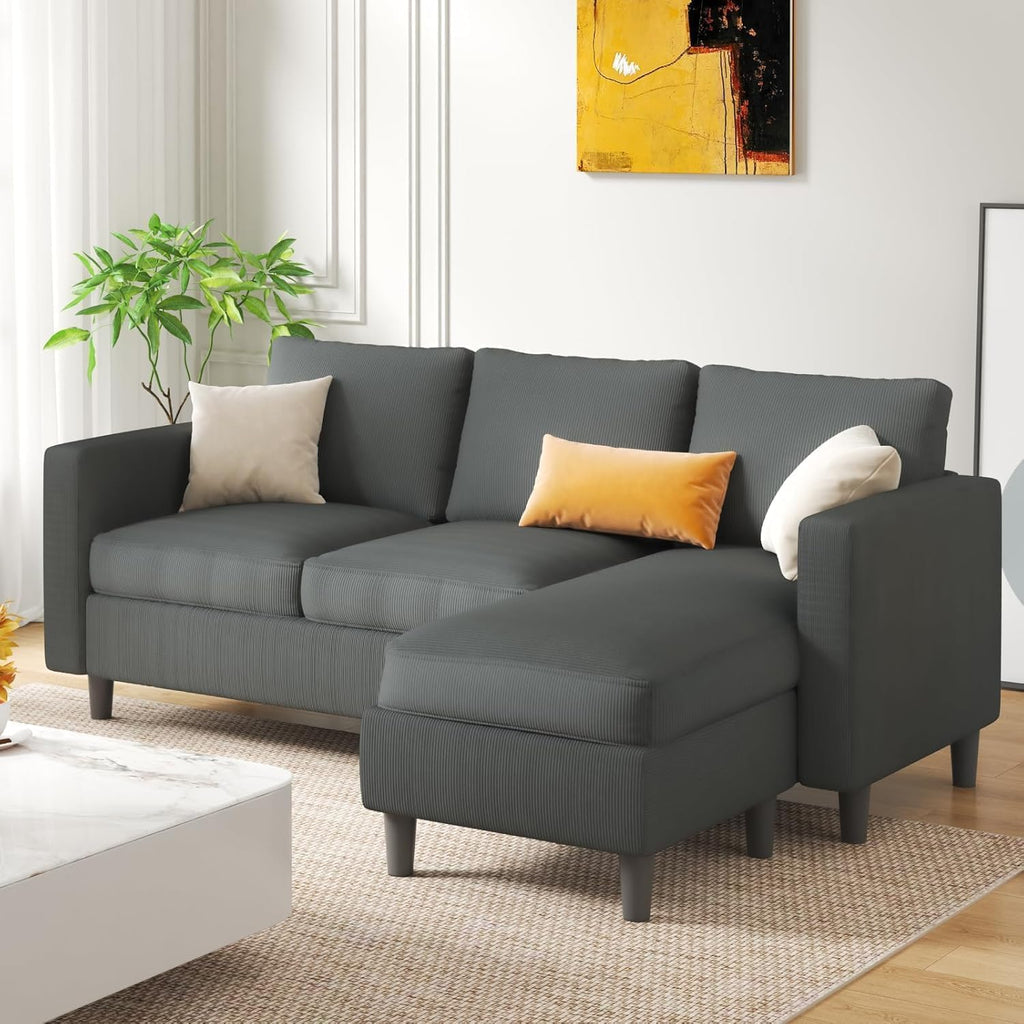 Grey Ribbed L-Shaped Sectional Sofa