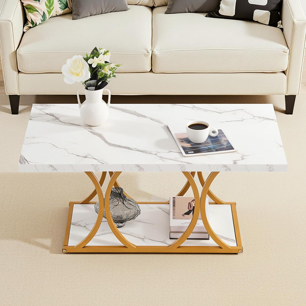 White Faux Marble 2-Tier Coffee Table