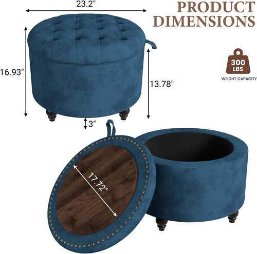24 Inch Round Tufted Storage Ottoman Blue