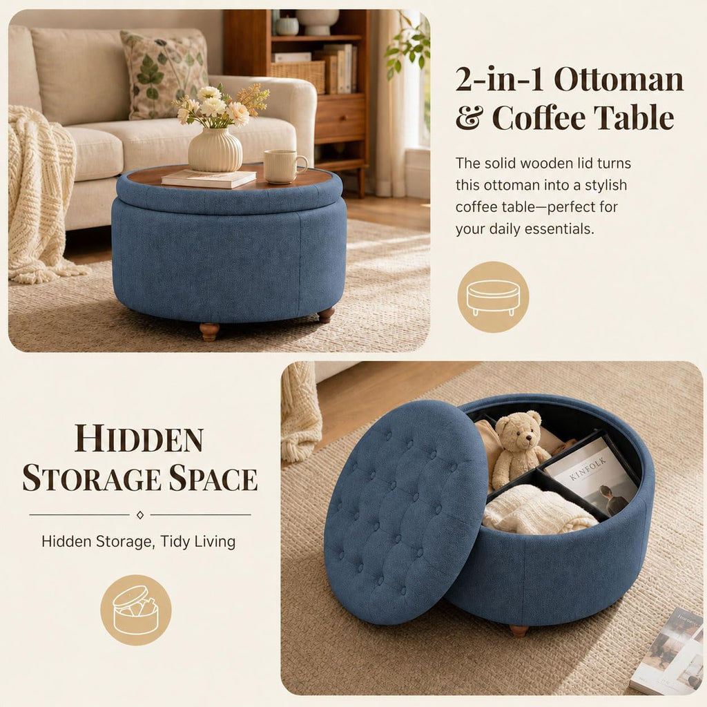 Blue Round Fabric Storage Ottoman With Tray Lid