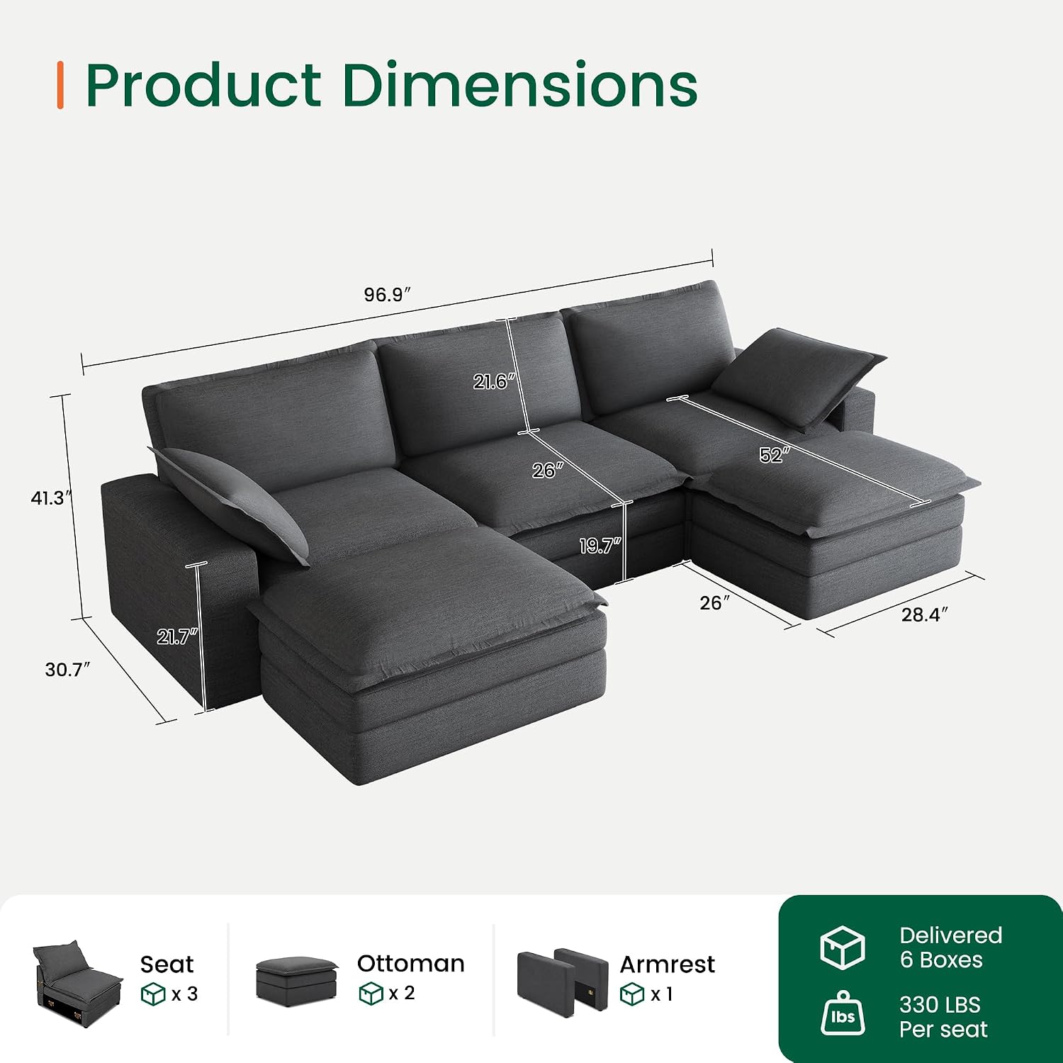 Grey Linen U-Shaped Cloud Sectional Sofa