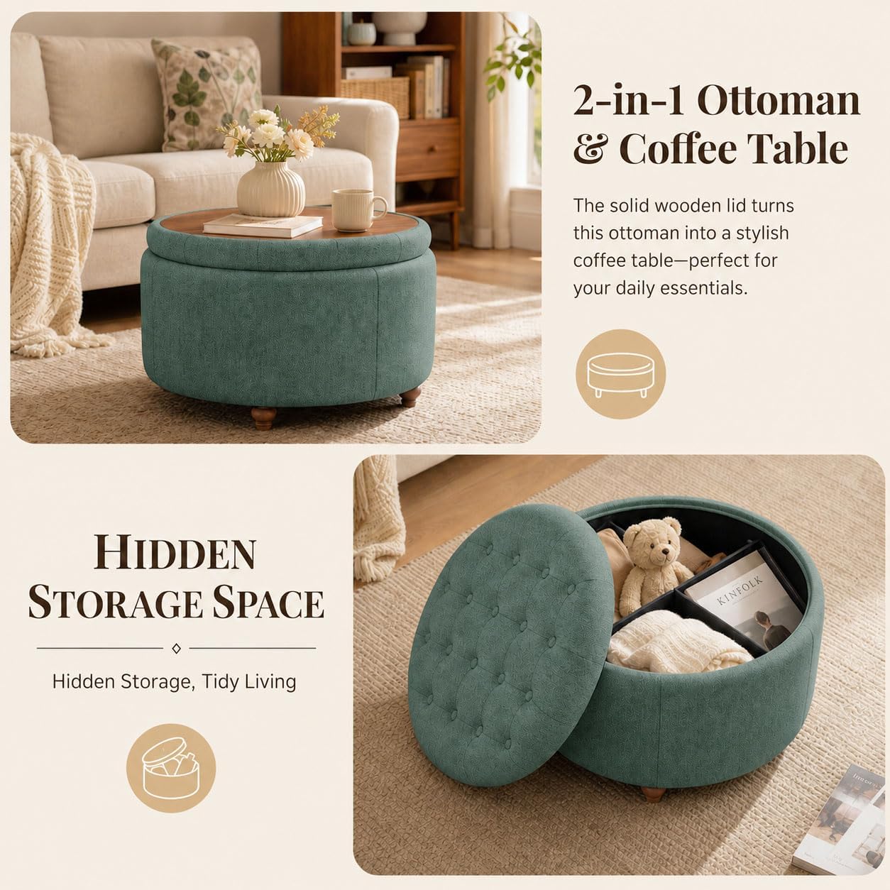 Round Fabric Storage Ottoman Green With Tray Lid
