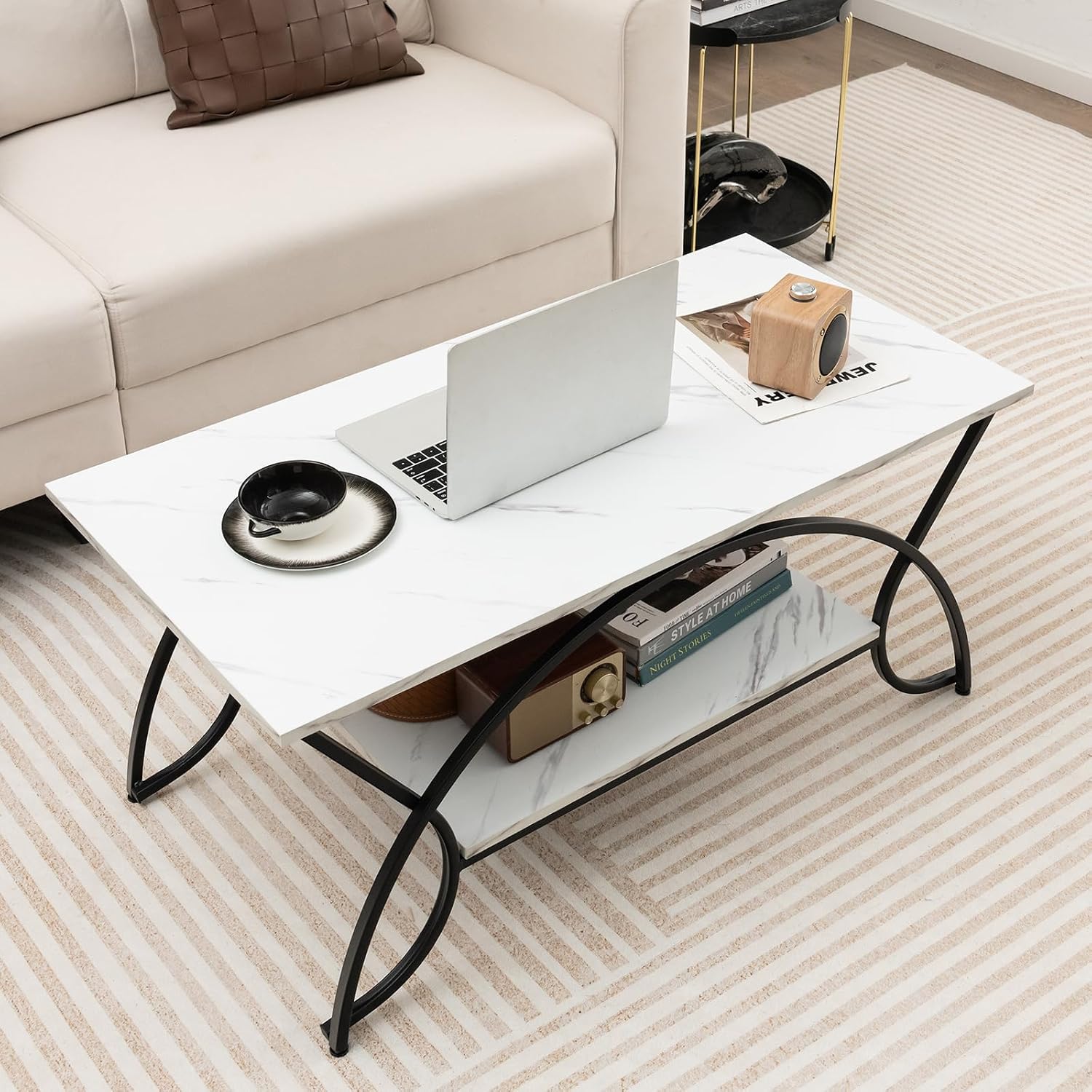 White Faux Marble 2-Tier Coffee Table