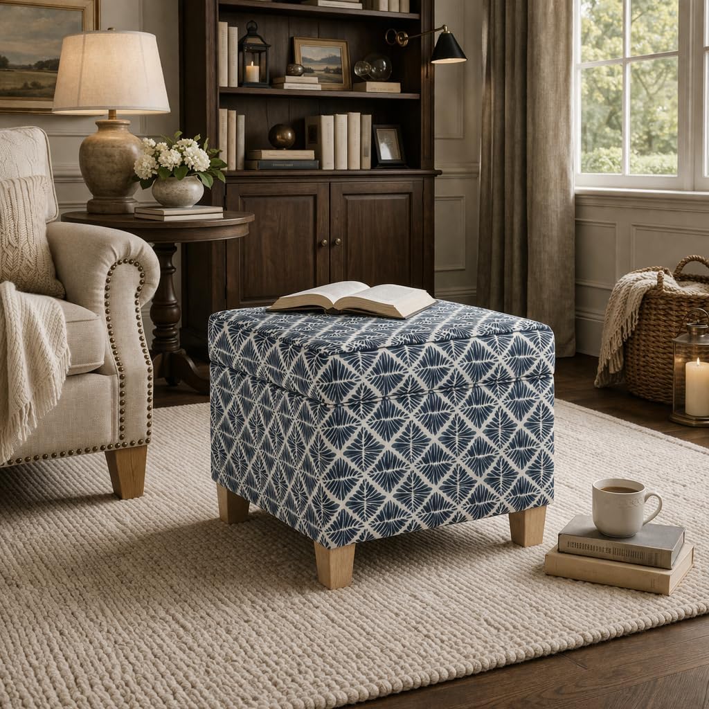 Blue Geometric Square Storage Ottoman 18"