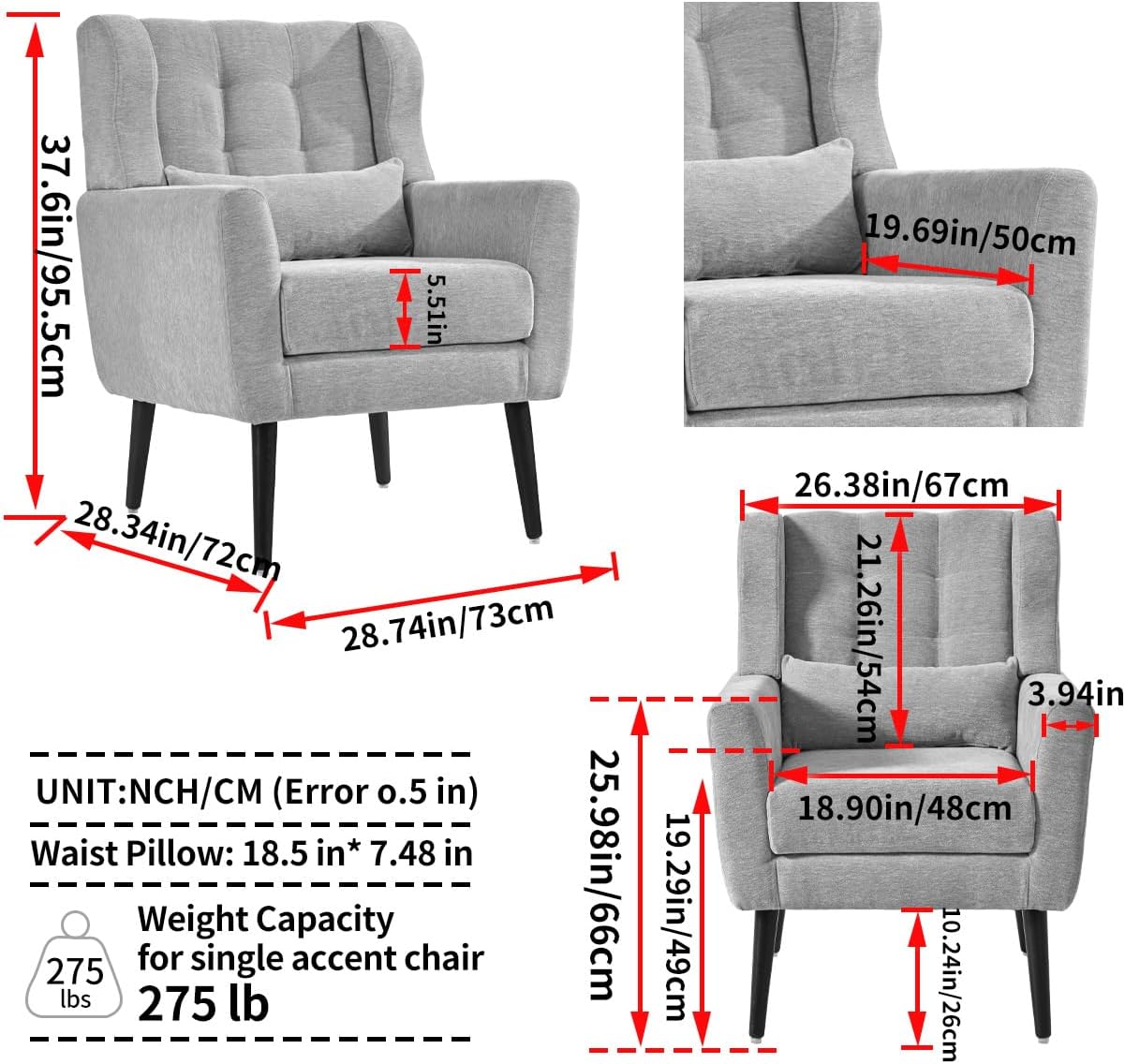 Grey Chenille Wingback Accent Chair