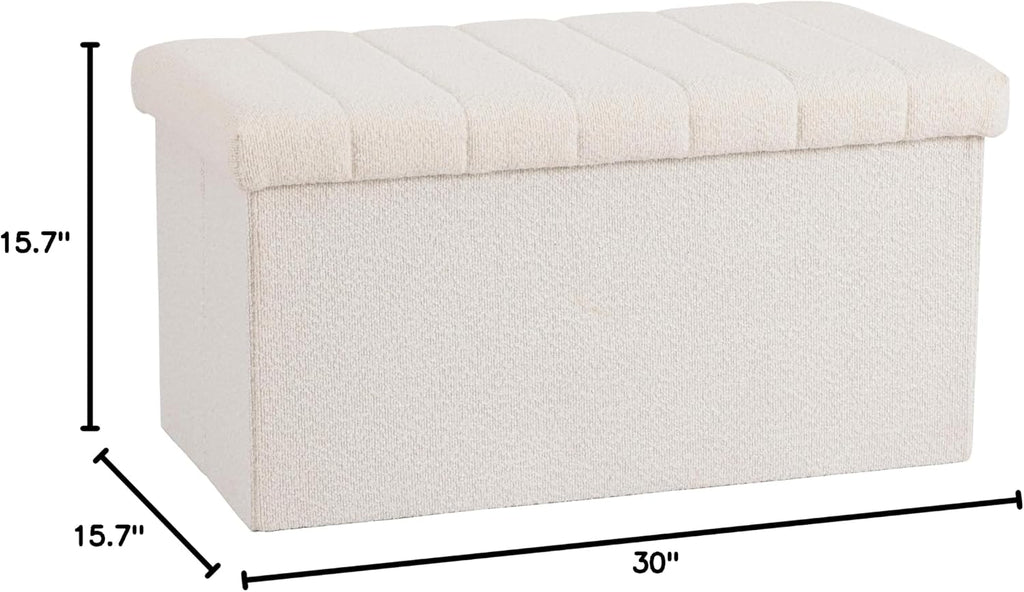 White Boucle Storage Ottoman Bench 30"