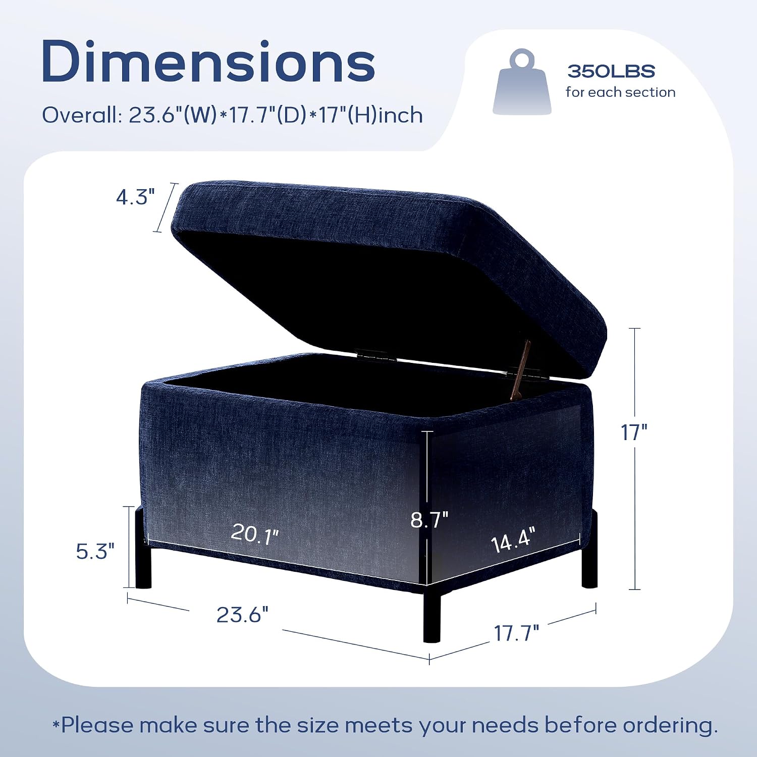 Navy Chenille Storage Ottoman Bench