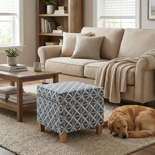 Blue Geometric Square Storage Ottoman 18"