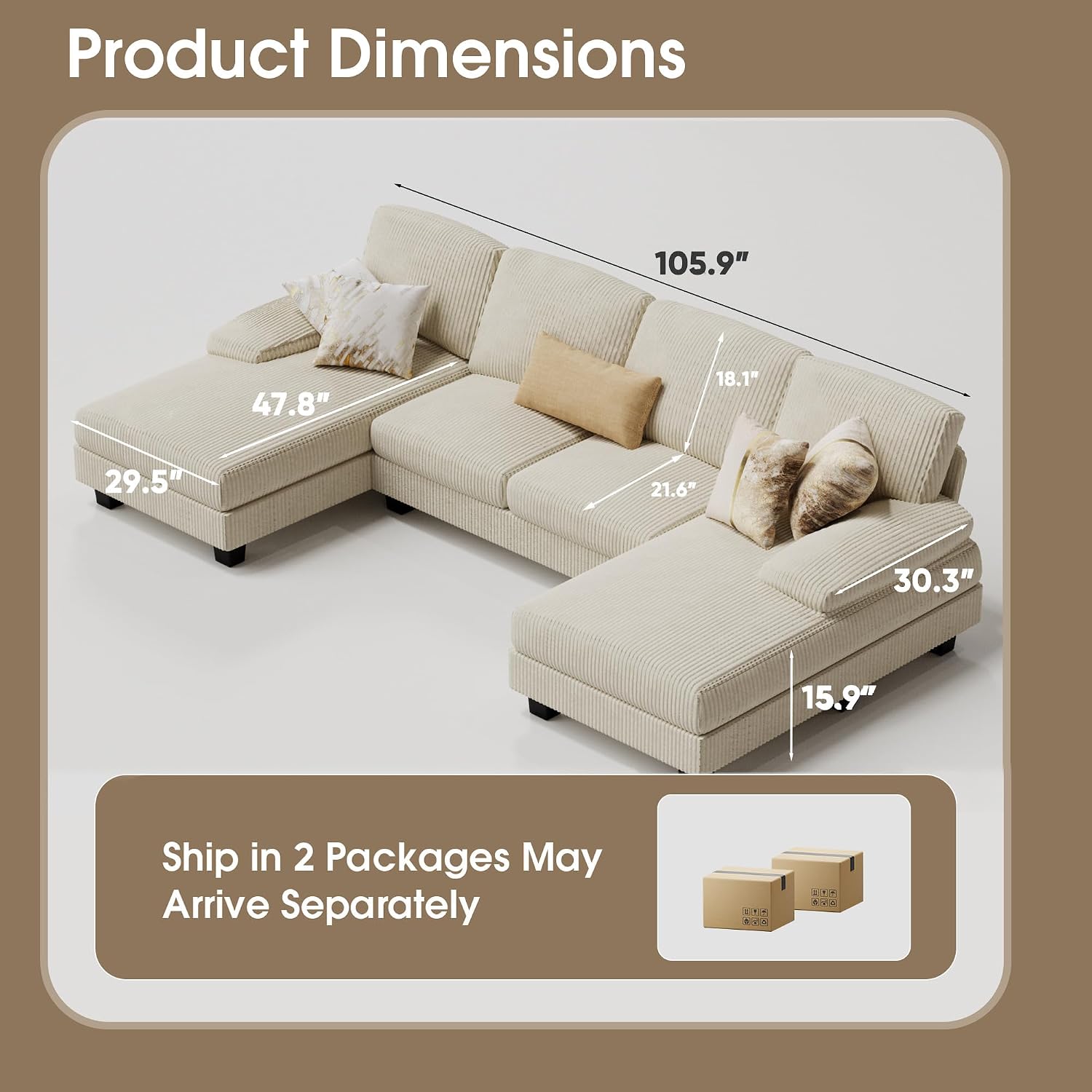 Beige Corduroy U-Shaped Sectional Sofa