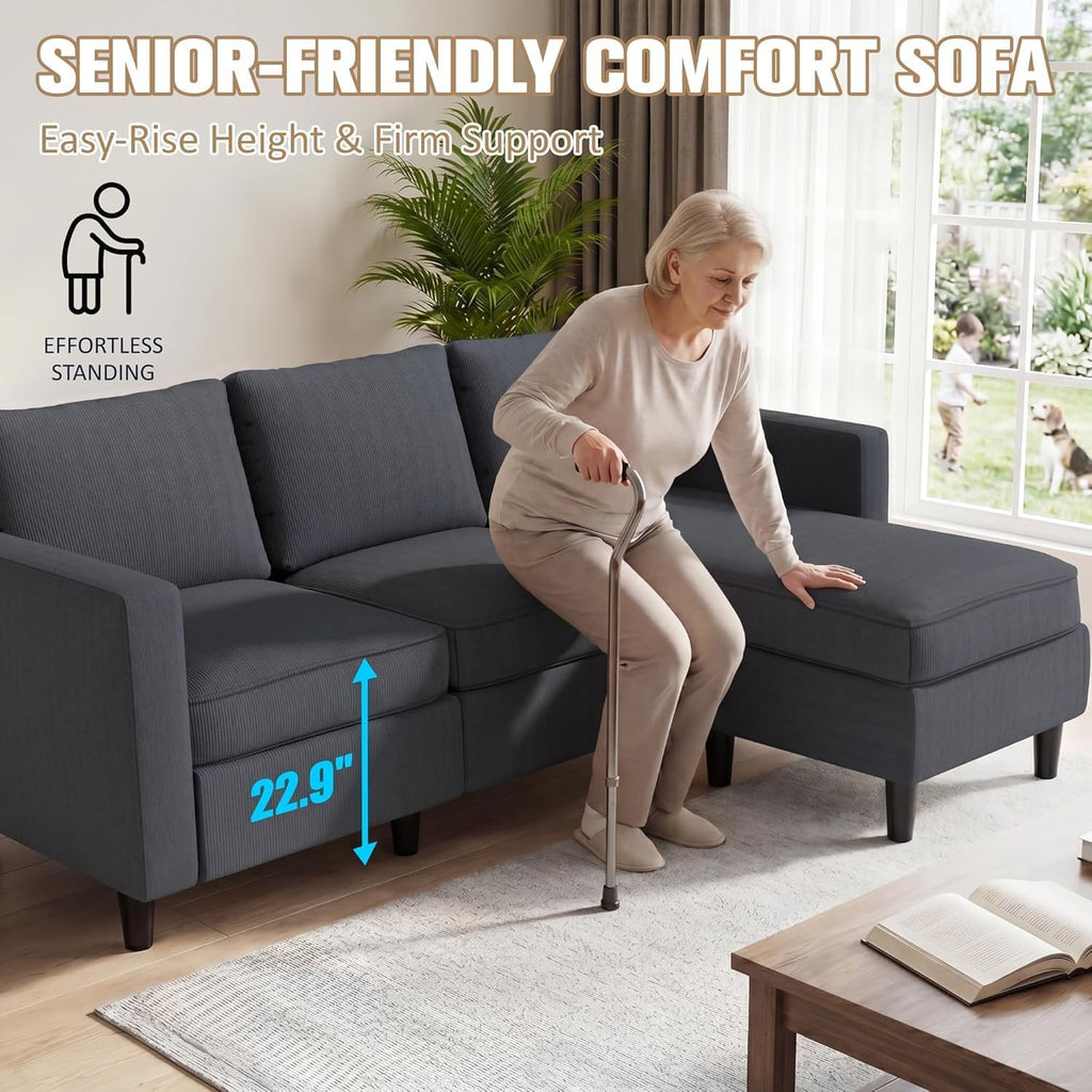 Grey Ribbed L-Shaped Sectional Sofa