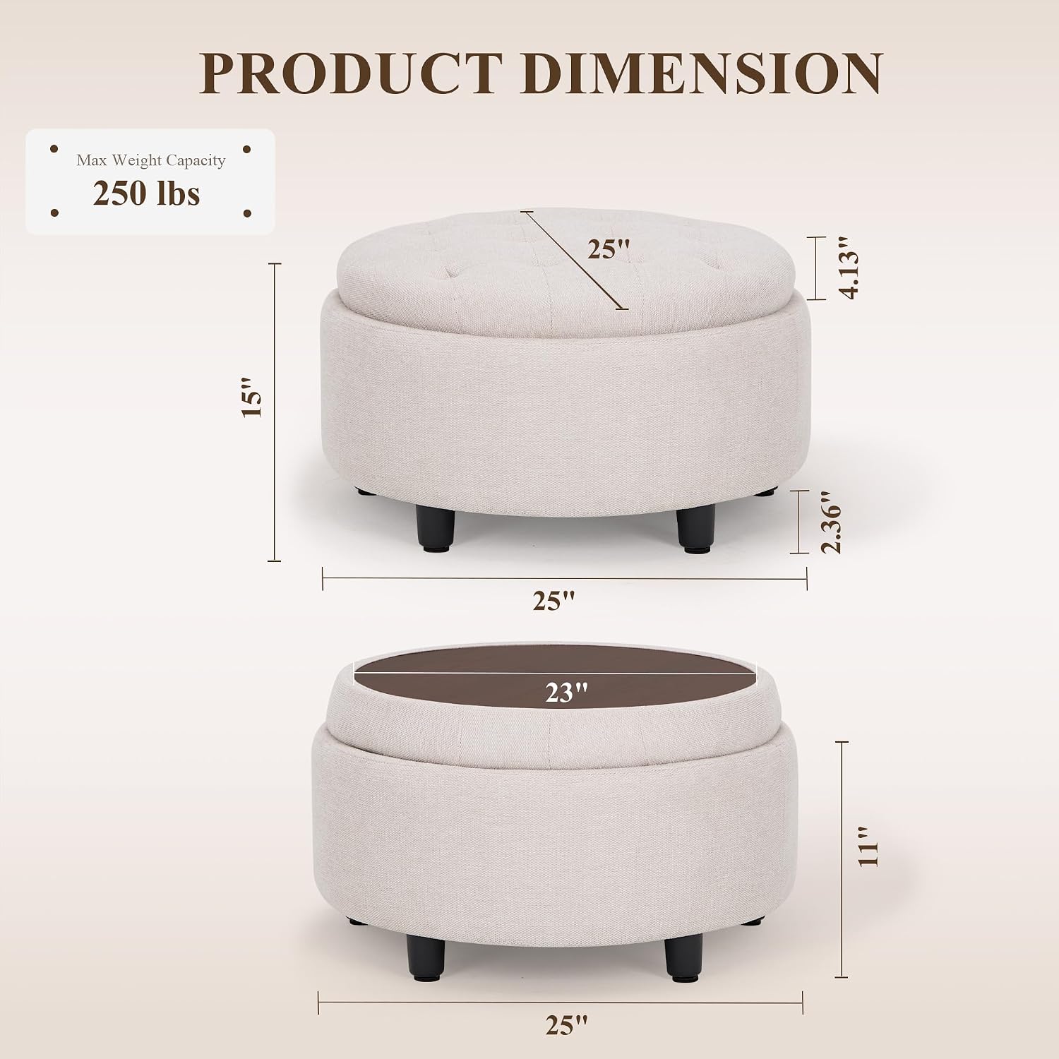 Beige Round Storage Ottoman With Tray Lid