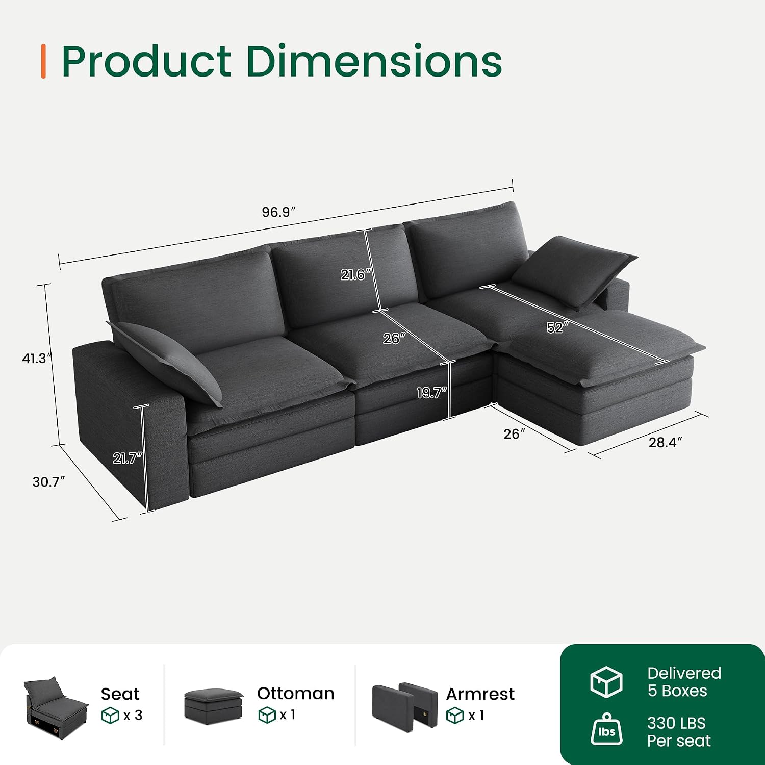 Grey Linen L-Shaped Cloud Sectional Sofa