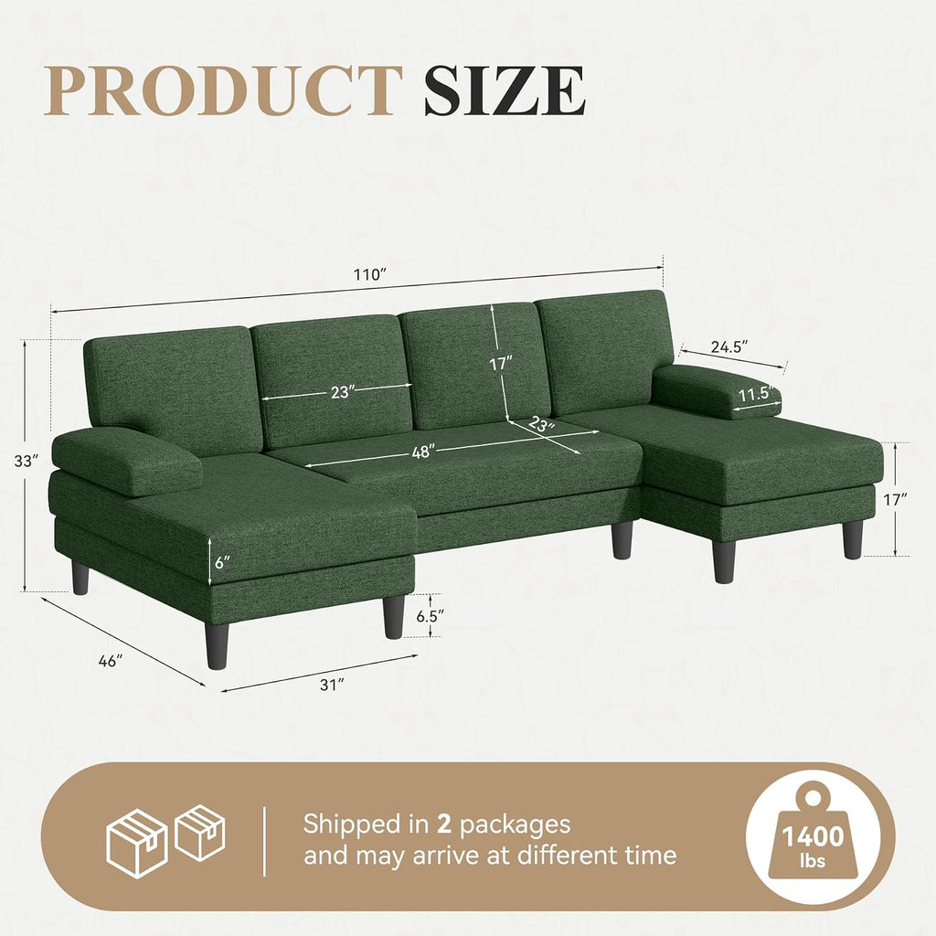 Green Linen U-Shaped Sectional Sofa