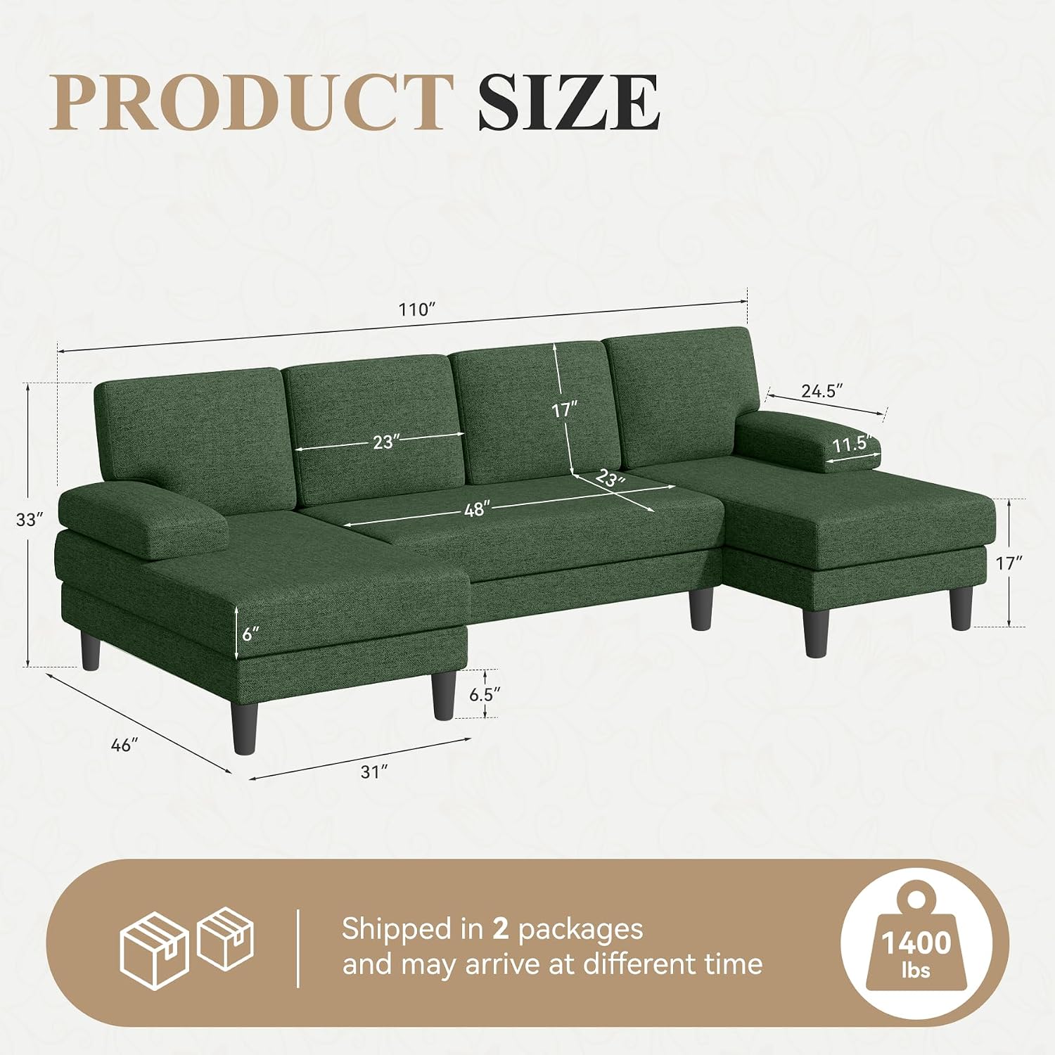 Green Linen U-Shaped Sectional Sofa