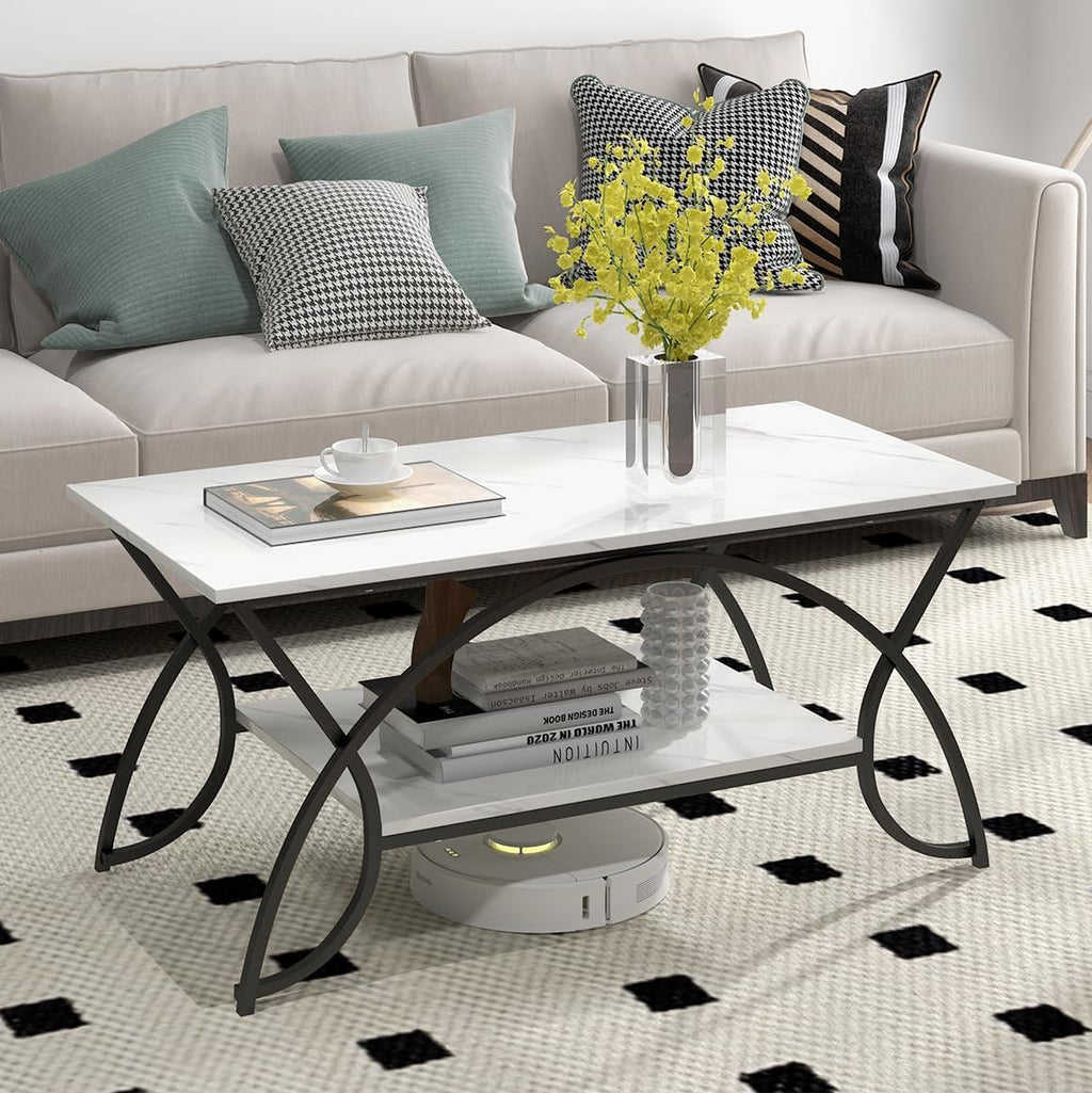 White Faux Marble 2-Tier Coffee Table