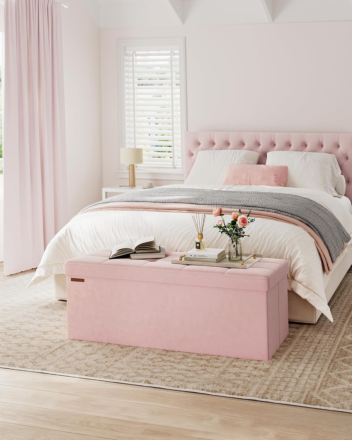 Foldable Storage Ottoman Bench Jelly Pink 43 Inch