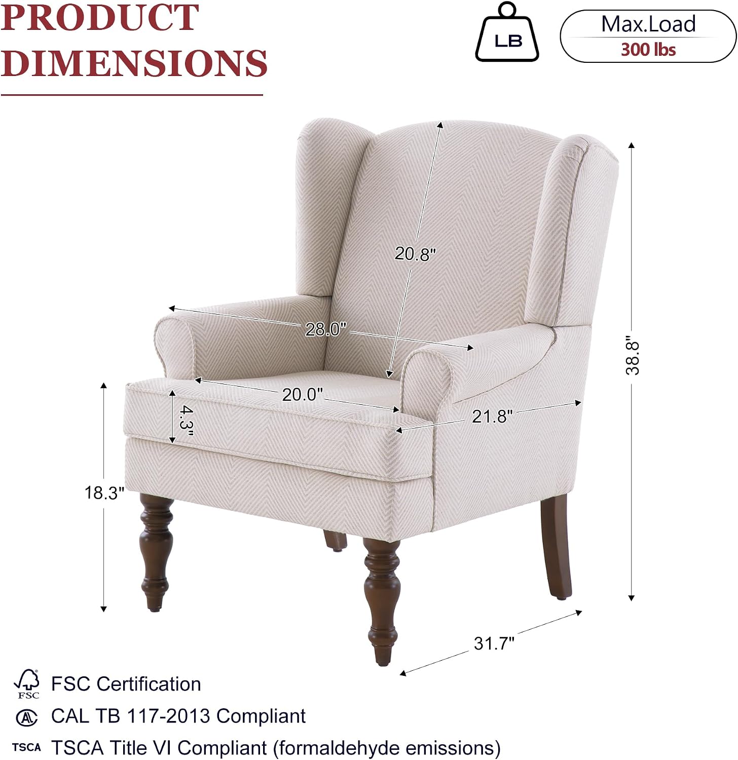 Tan Printed Linen Wingback Accent Chair