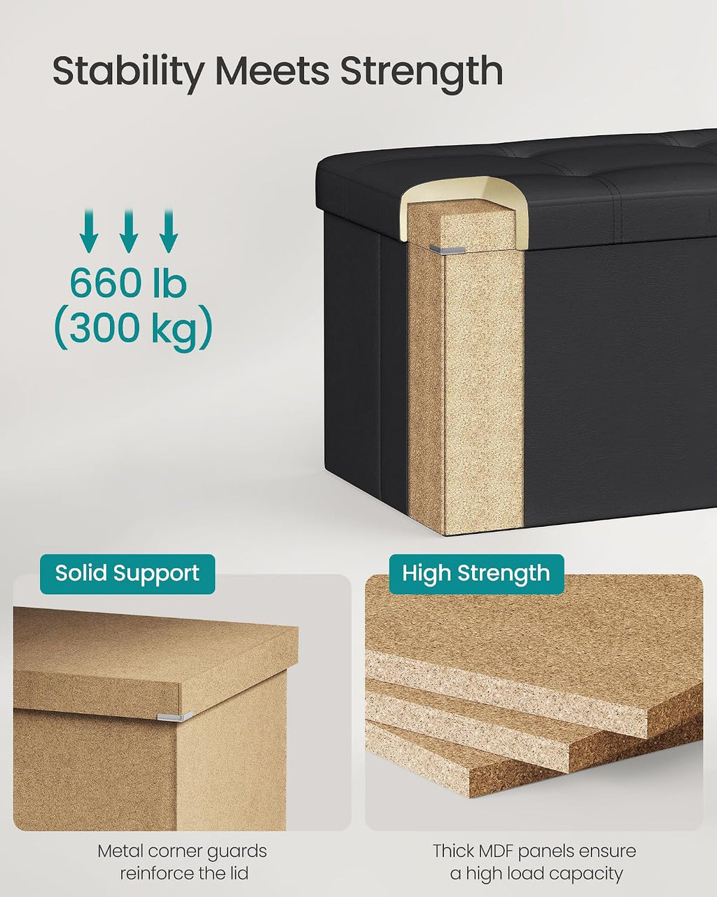 Black Folding Storage Ottoman Bench 43"