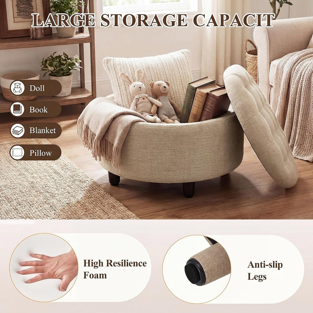 Camel Round Storage Ottoman With Tray Lid