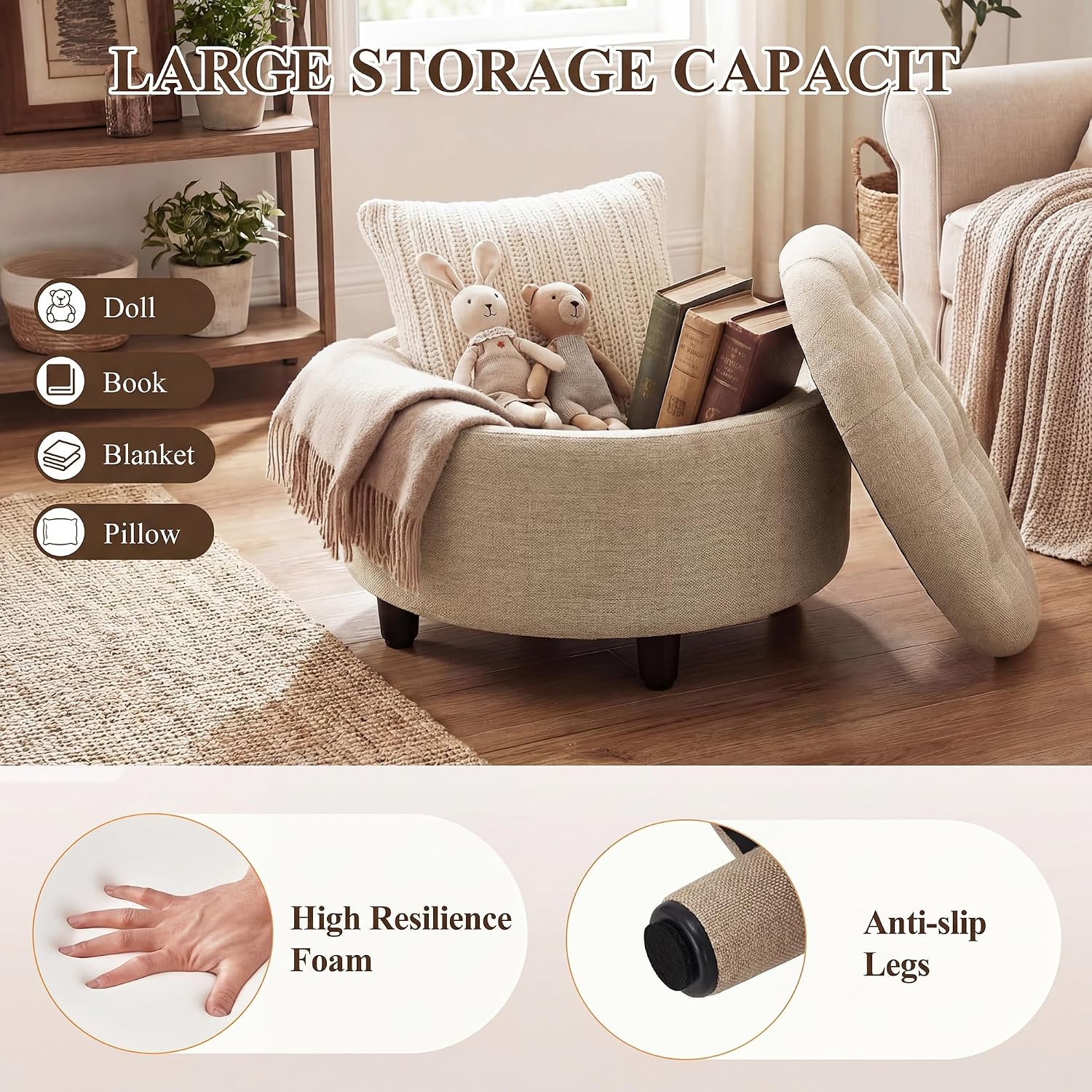 Camel Round Storage Ottoman With Tray Lid