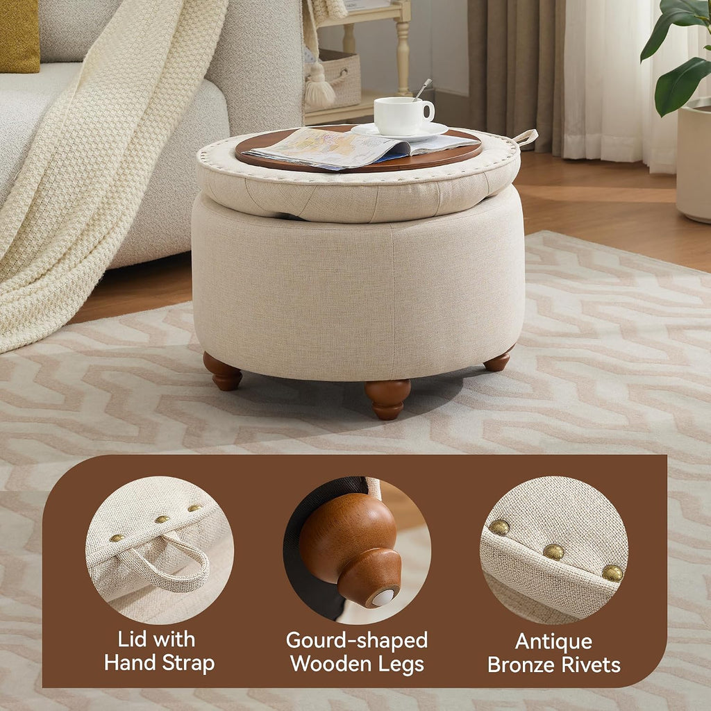 Khaki Round Tufted Storage Ottoman 24"