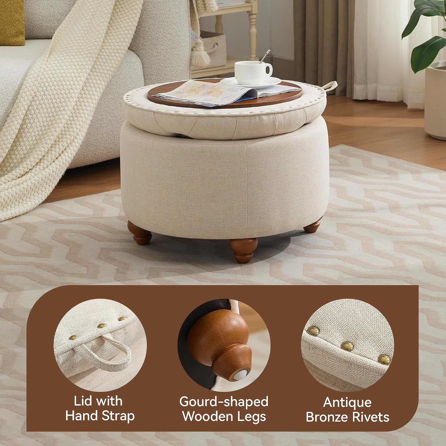 Khaki Round Tufted Storage Ottoman 24"