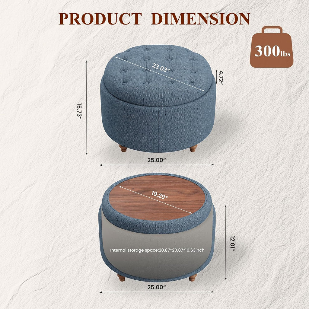Blue Round Fabric Storage Ottoman With Tray Lid