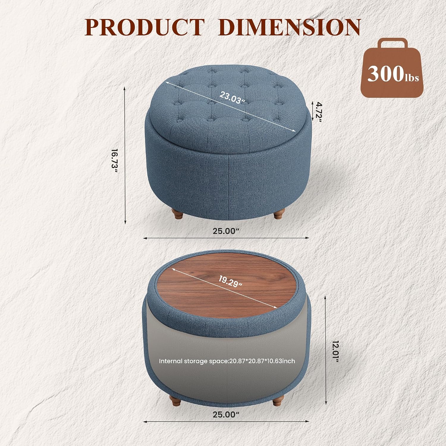 Blue Round Fabric Storage Ottoman With Tray Lid