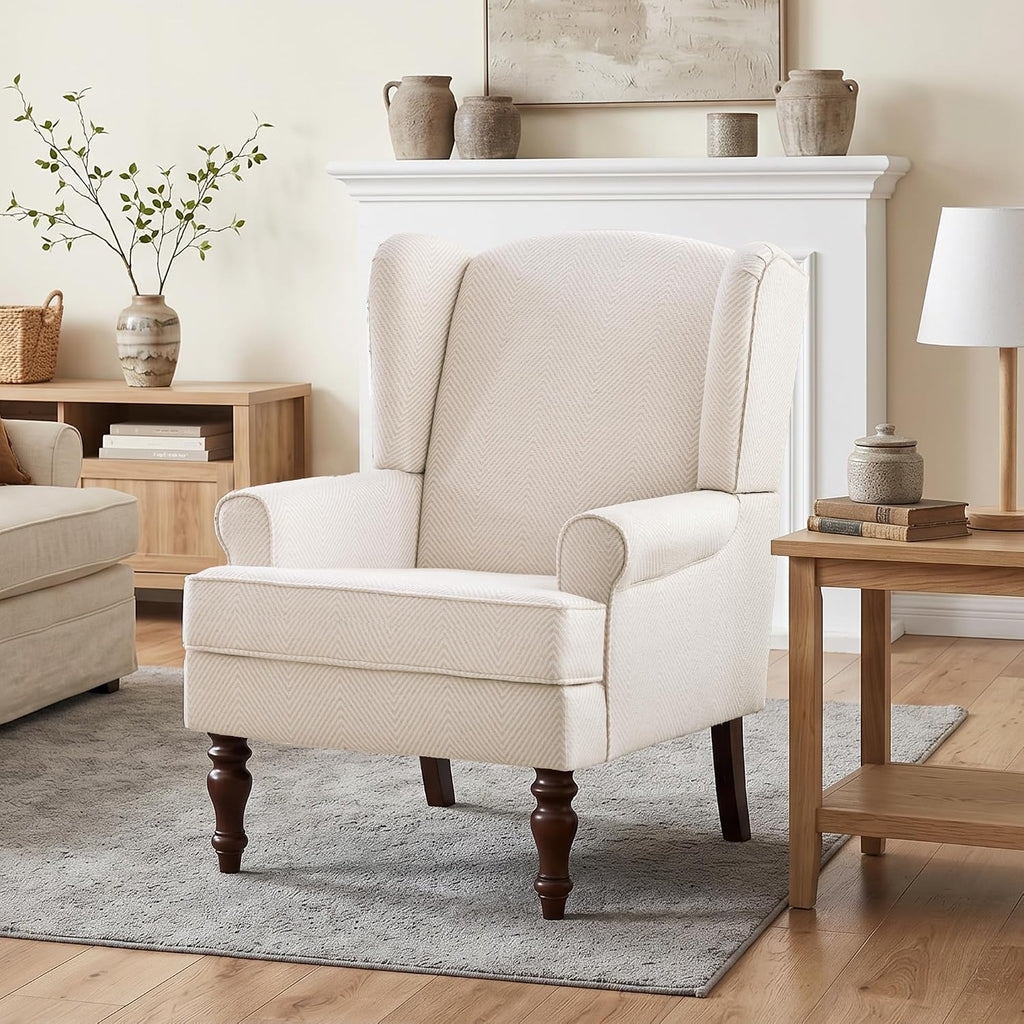 Tan Printed Linen Wingback Accent Chair
