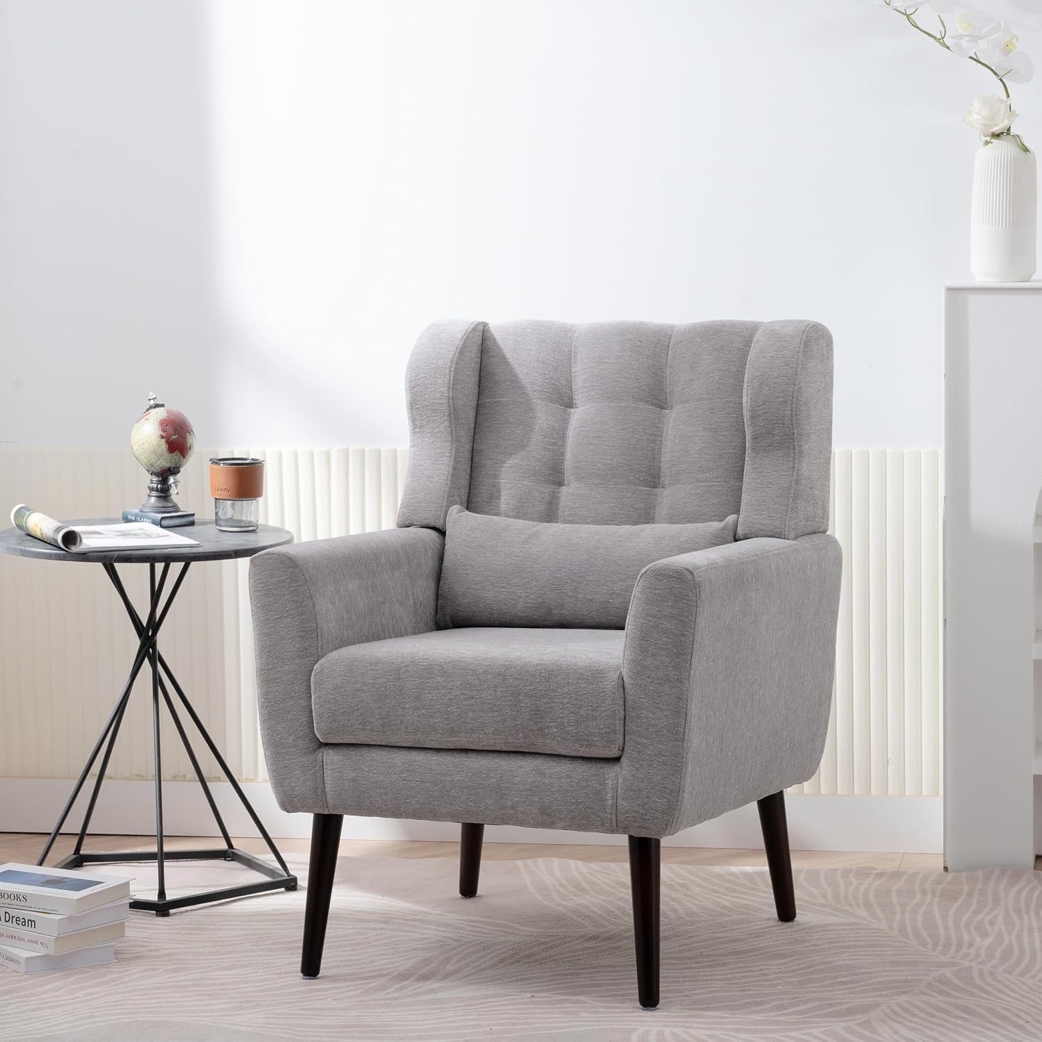 Grey Chenille Wingback Accent Chair