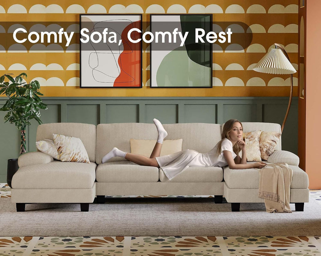 Beige Corduroy U-Shaped Sectional Sofa