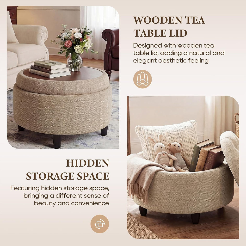 Camel Round Storage Ottoman With Tray Lid