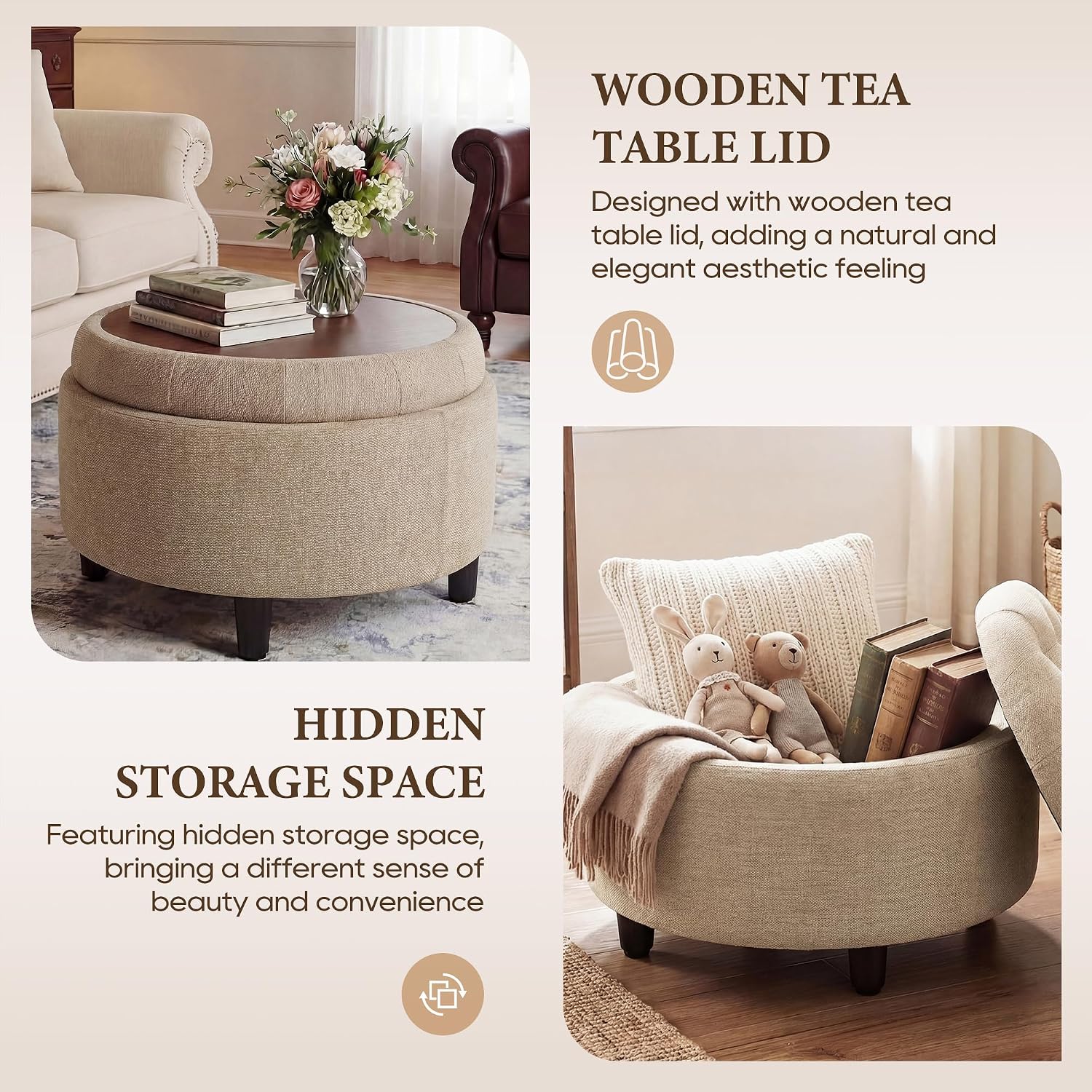 Camel Round Storage Ottoman With Tray Lid
