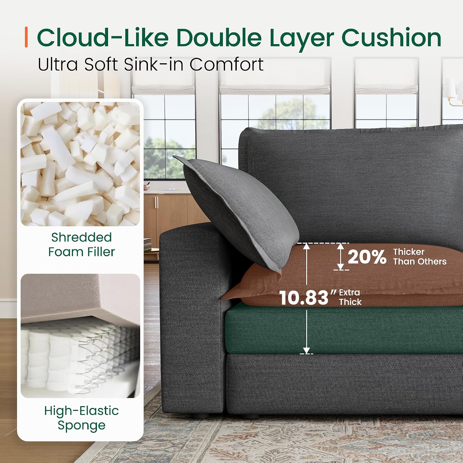 Grey Linen U-Shaped Cloud Sectional Sofa