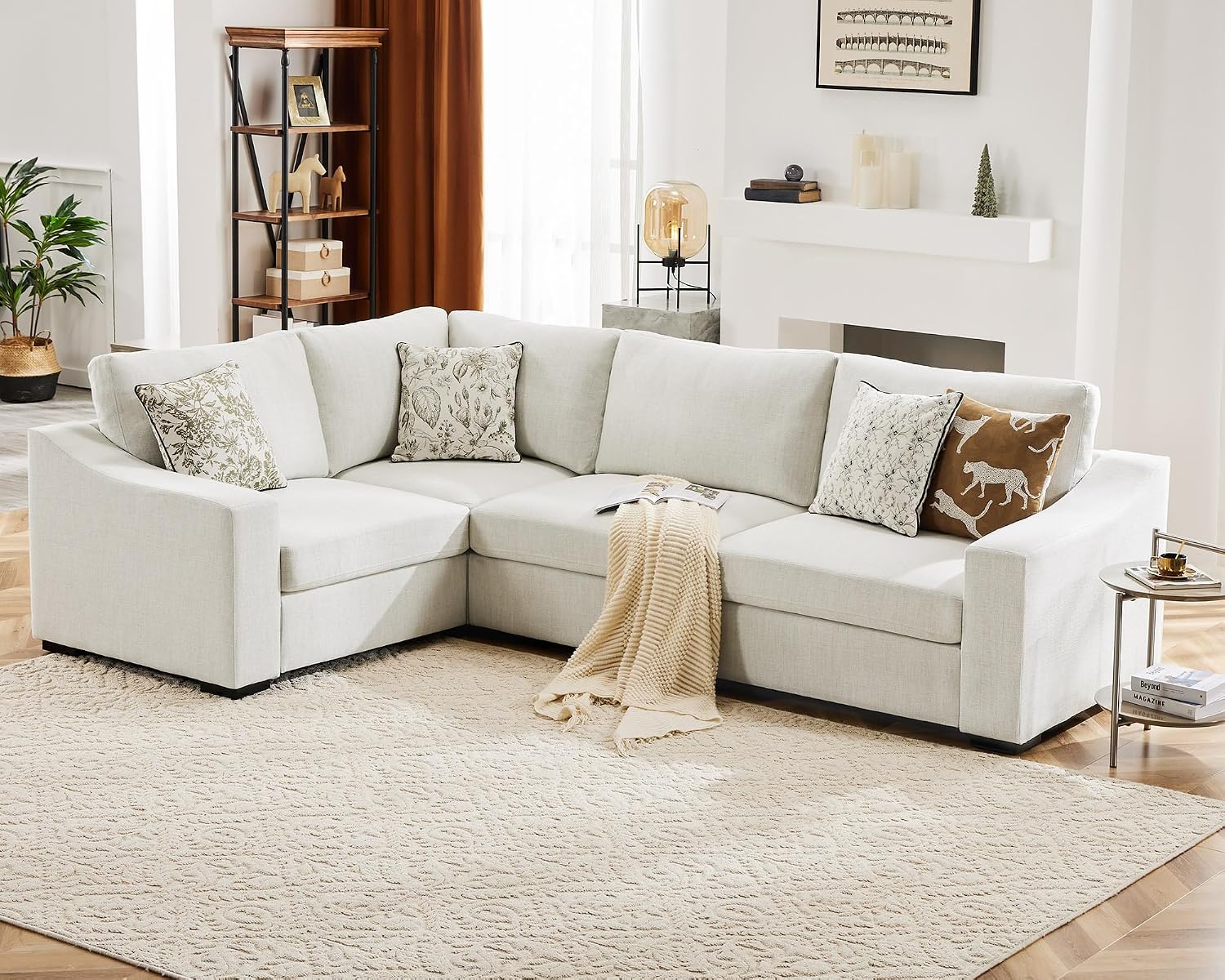 Ivory Linen V-Shaped Modular Sectional Sofa