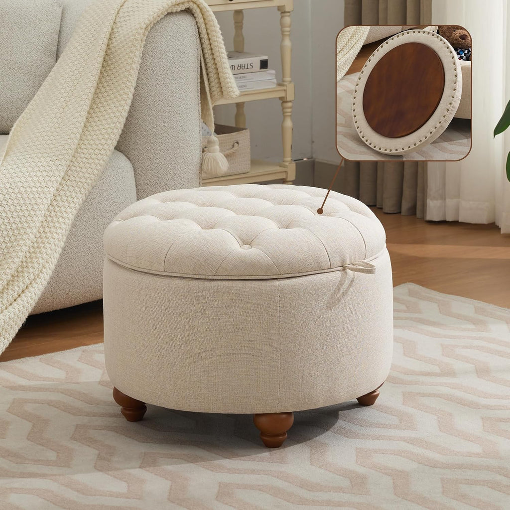 Khaki Round Tufted Storage Ottoman 24"