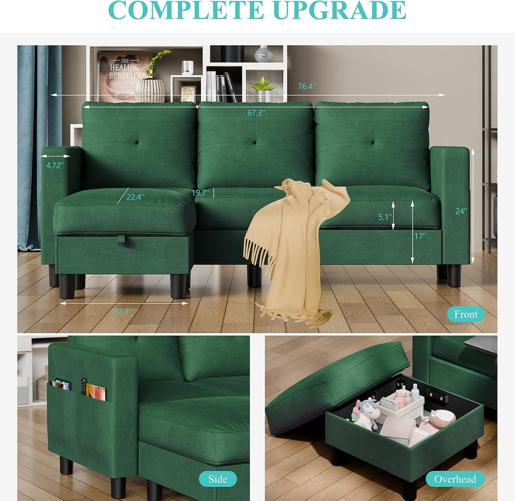 Green Linen L-Shaped Sectional Sofa