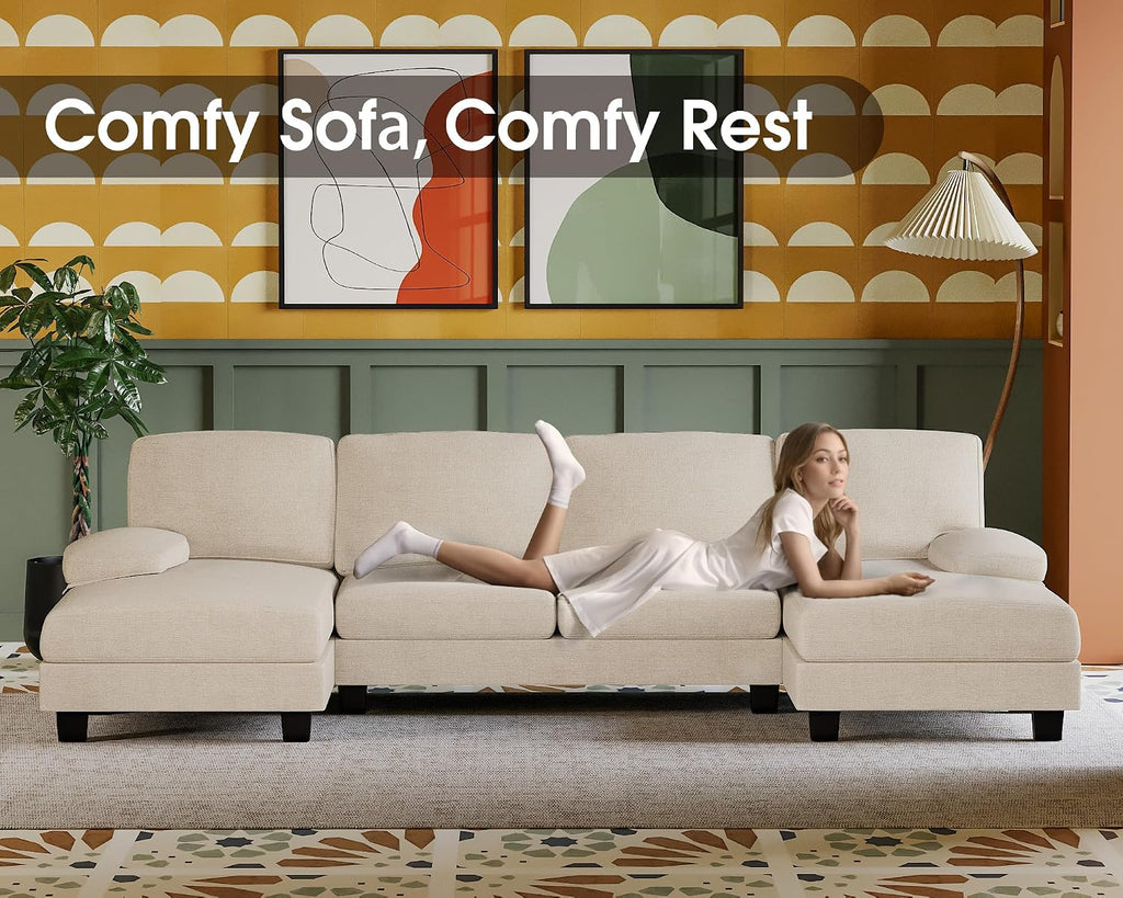 White Chenille U-Shaped Sectional Sofa