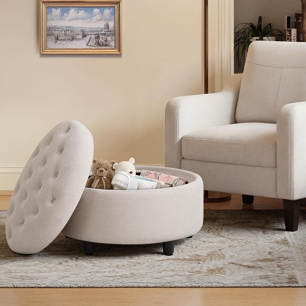 Beige Round Storage Ottoman With Tray Lid