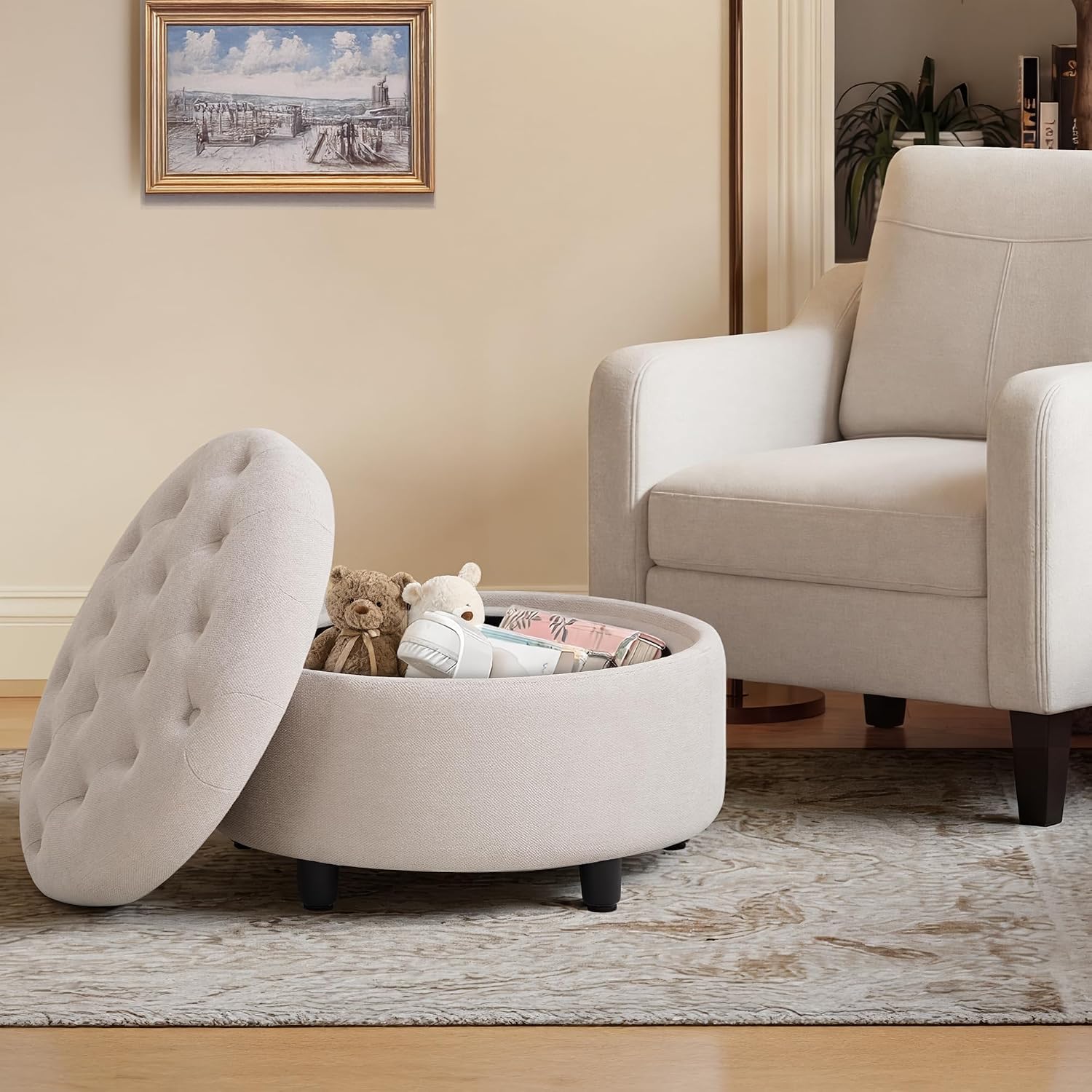 Beige Round Storage Ottoman With Tray Lid